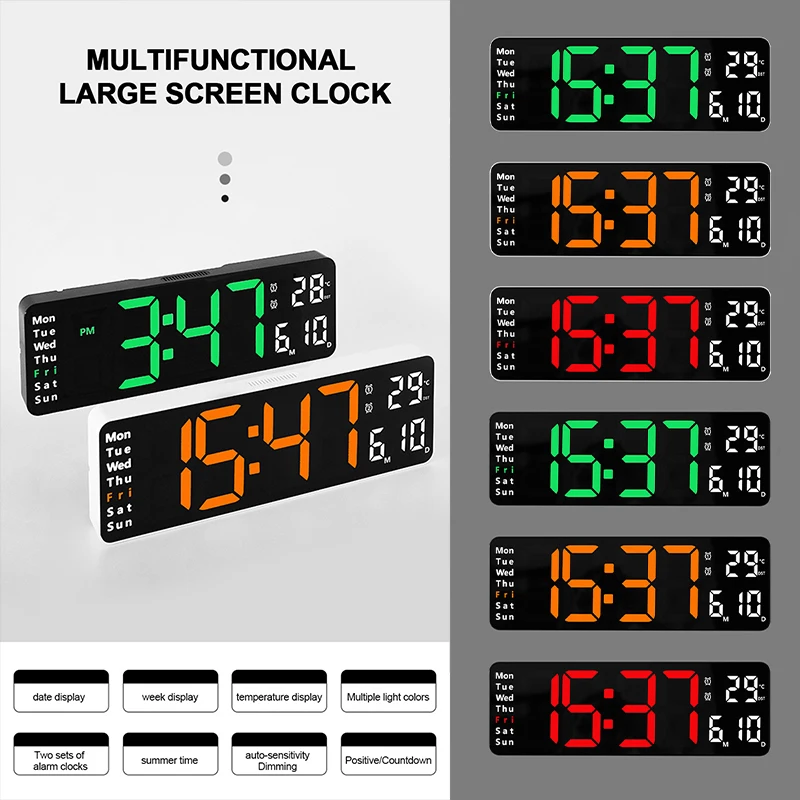 13 Inch Large LED Digital Display Wall Clock Home Decoration Remote Control Temperature Time Date Week Power Off Memory Timer