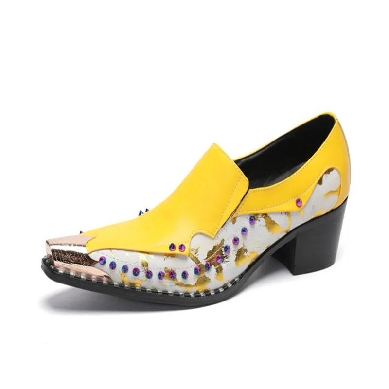 

Yellow Business Rivets Men Dress Shoes Fashion Chelsea High Heels Man Leather Shoes Social Sapato Male Oxfords Wedding Shoe