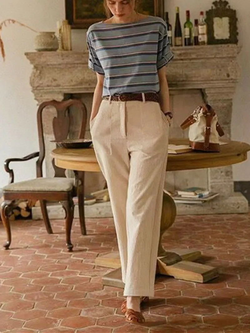 

Women's Breathable Casual Pants Ladies High Waist Thin 2022 Summer New Straight Ankle-Length Trousers