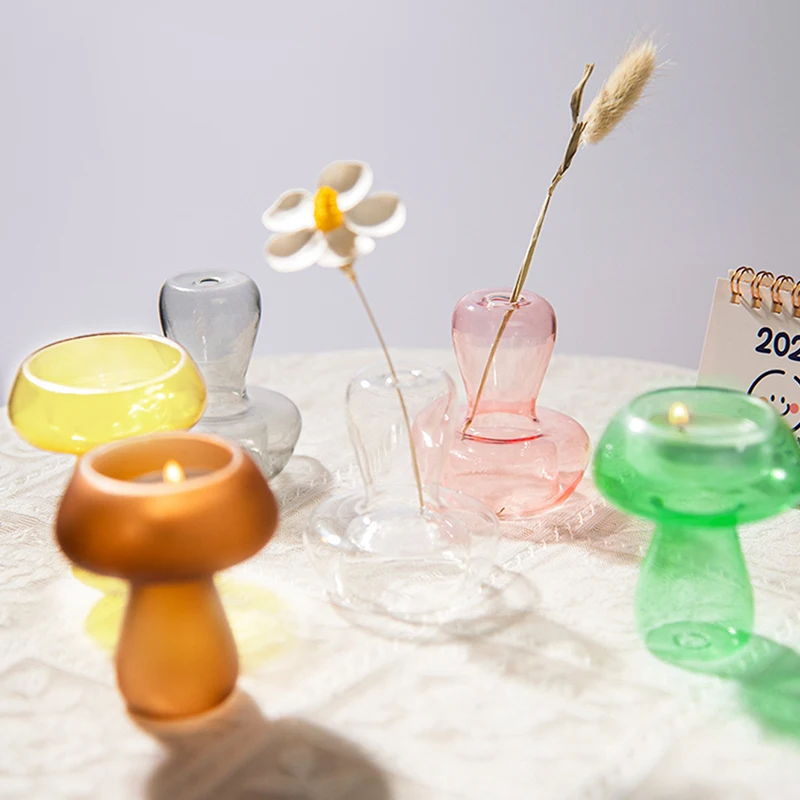

1Pc Mushroom Glass Candlestick Creative Mushroom Design Glass Vase Colorful Transparent Candle Holders Wedding Party Home Decor
