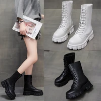 2022 women motorcycle boots wedges flat shoes woman high heel platform pu leather boots lace up women shoes black boots girls