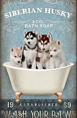 

Настенный декор банное мыло искусство картина знак, сибирская Собака Хаски мыть ваши лапы металлический постер декоративные знаки