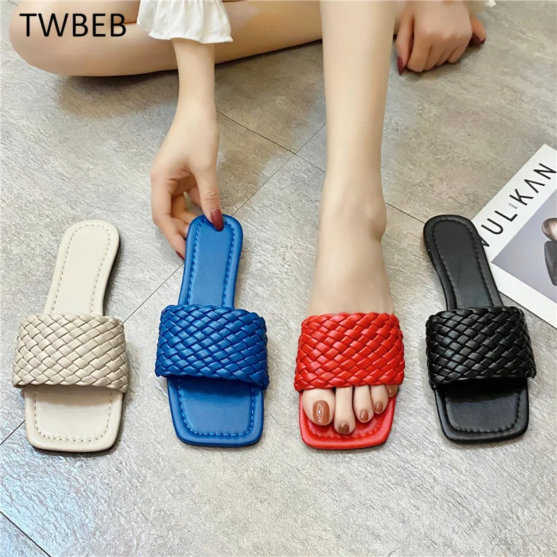 

Summer Women Flat Heels Slippers Brand Design Blue Red Woman Slipper Open Toe Squared Toes Ladies Fashion Shoes