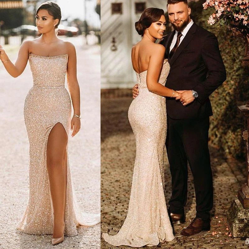 

New Evening Dresses Trumpet Strapless Sleeveless Floor-Length Sweep Train Crystal Beaded Sequined Thigh-High Slits Backless