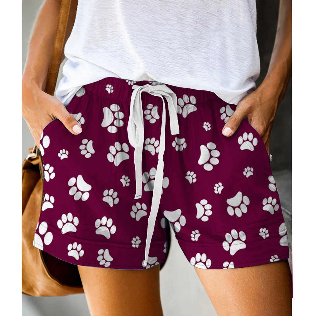 Ladies Casual Cute Dog Paw Print Loose Streetwear Shorts Women Drawstring Loose Pockets Mini Shorts for Travel Summer Shorts