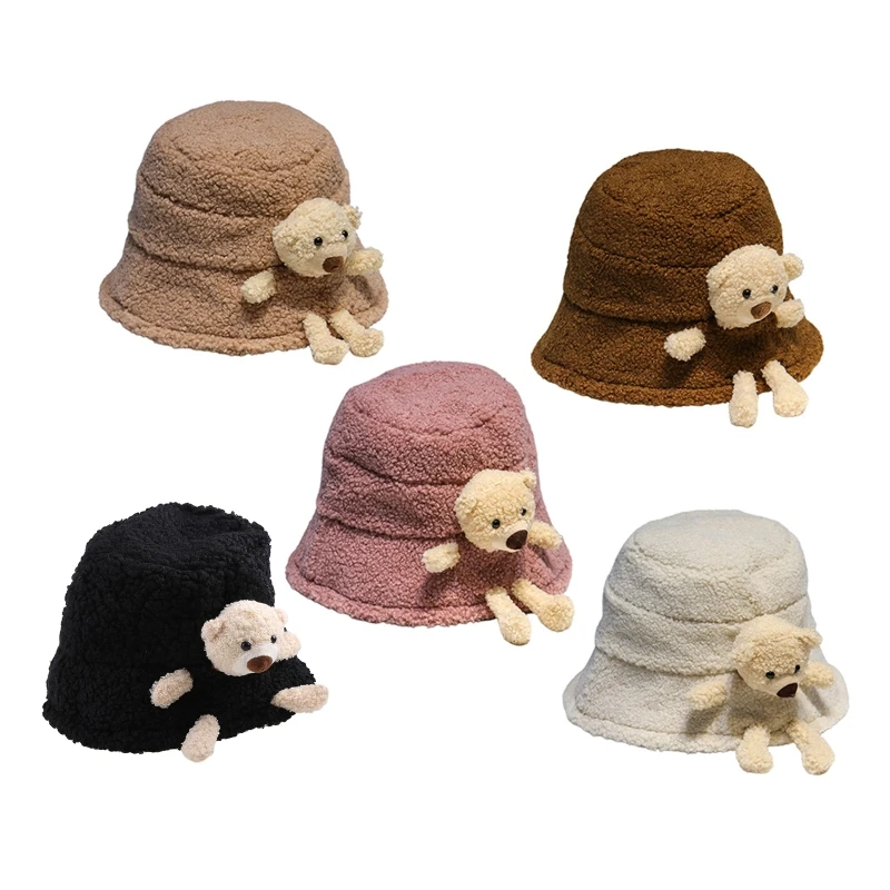 3D Stuffed Bear for Doll Bucket Hat Outdoor Winter Warm Fuzzy Plush Fisherman Ca