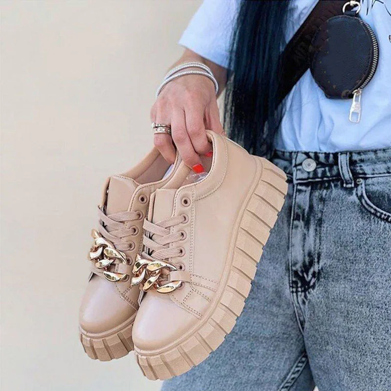 

Women Chain 2022 Sneakers Autumn Ladies Thick Bottom Vulcanized Woman Lace Up White Flat Female Non Slip Walking Shoes Plus Size