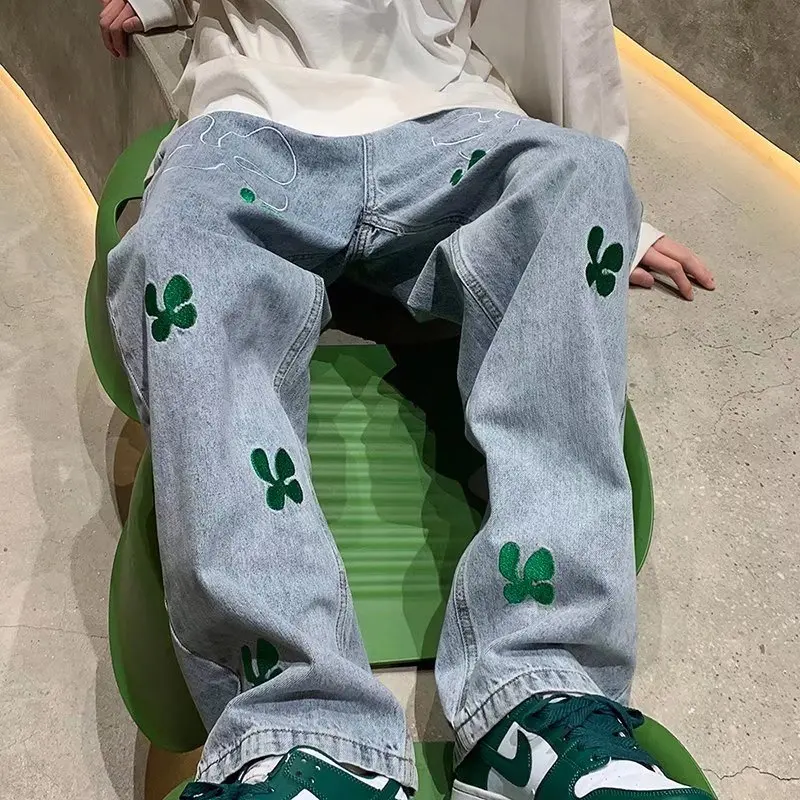 2022 New Fashion Letter Embroidery Baggy Men Wide Jeans Trousers Hip Hop Straight Korean Casual Denim Pants Luxury Moda Hombre