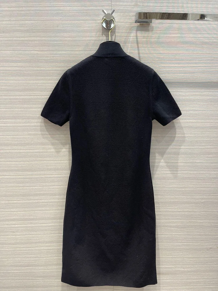 Short-sleeved Knitted Dress Zipper Plaid Stand Collar Slim A-line Short Dress 2023 High-end Women's Clothing Dresses