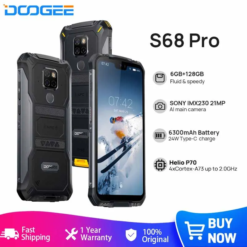 

DOOGEE S68 Pro Rugged Phone Wireless Charge NFC 6300mAh 12V2A Charge 5.9 Inch FHD+ Helio P70 Octa Core 6GB 128GB IP68 Waterproof