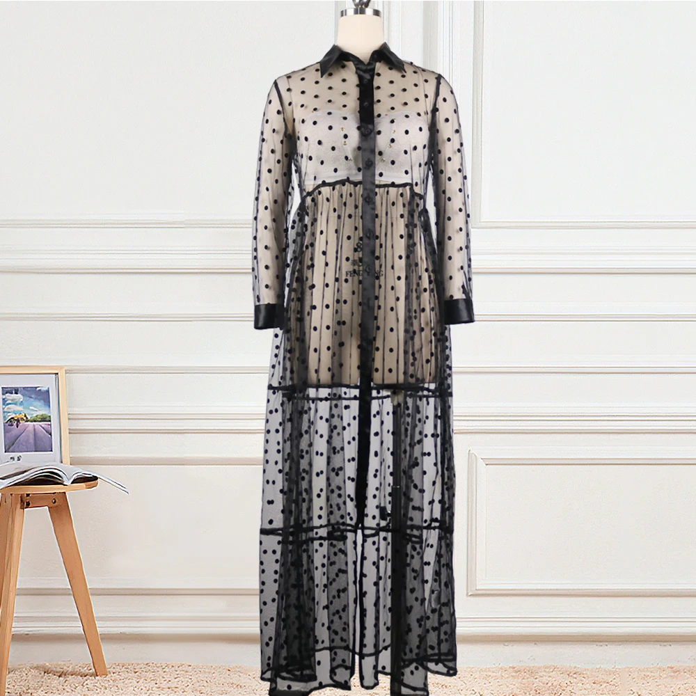 

See Through Transparent Tulle African Sexy Fashion Robes Indie Black Long Mesh Shirt Dress Women Polka Dot New Tunic Plus Size