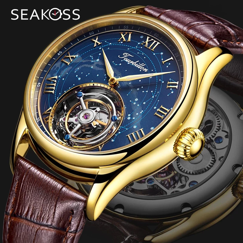 

Original Seagull Tourbillon Men Watch Sapphire Starry Sky Dial SEAKOSS Tourbillon Movement Mens Mechanical Watches orologio uomo