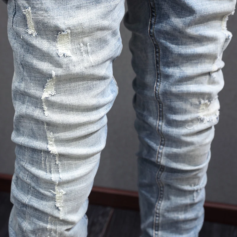 Street Fashion Men Jeans High Quality Retro Light Blue Elastic Stretch Slim Fit Ripped Jeans Men Patched Designer Vintage Pants