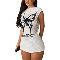 womens summer sleeveless t shirt round neck letter big butterfly print loose casual side hollow vest