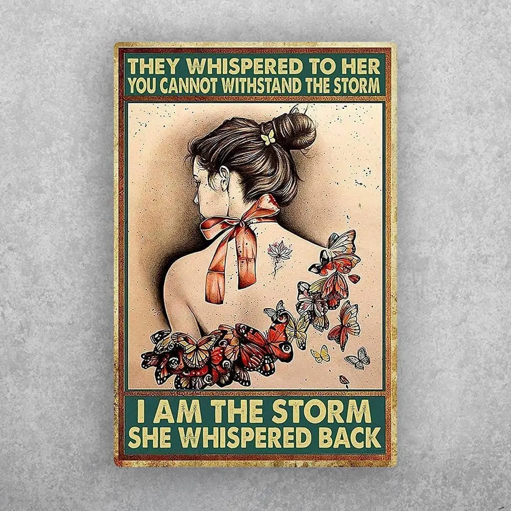 

Dreacoss Vintage Metal Tin Sign Hippie Butterfly Back View Girl I Am The Storm She Whispered Back Satin Poster Retro Wall Decor