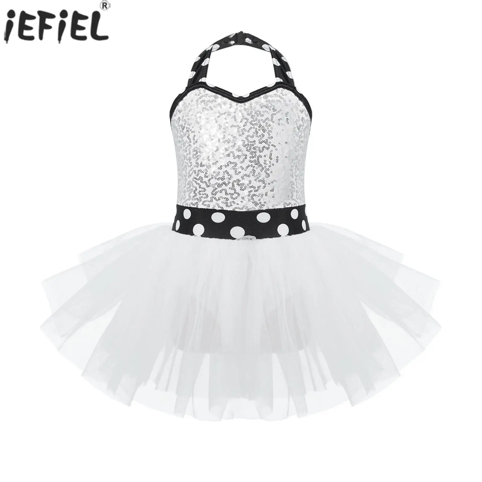 

kids dance dress halter neck sleeveless sequins Polka Dots Printed decor tutu leace dress dancing wear stage ballet girl dancing