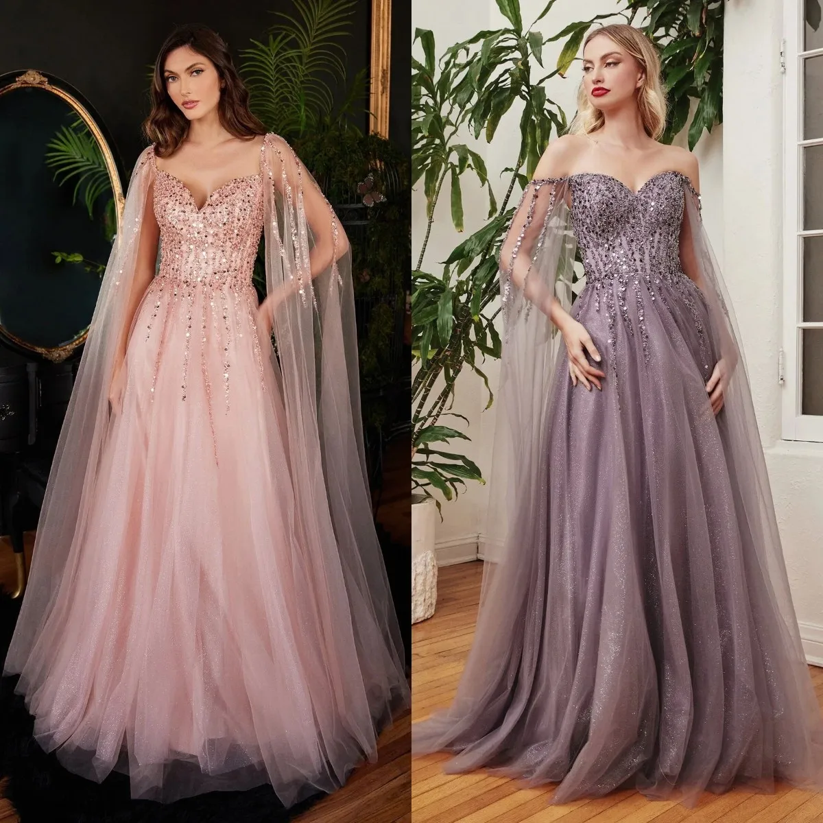 

Chic Cape Sleeve Prom Dresses Tulle Sequined Maxi Gown Sweetheart Glitter Party vestido de novia