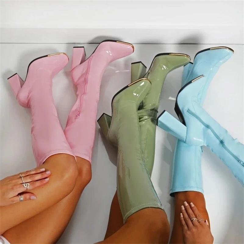 

Sexy Thick Heels Elastic Micro Knee High Boots For Women Punk Style Autumn Winter Chunky Platform High Boots Party Ladies Shoes