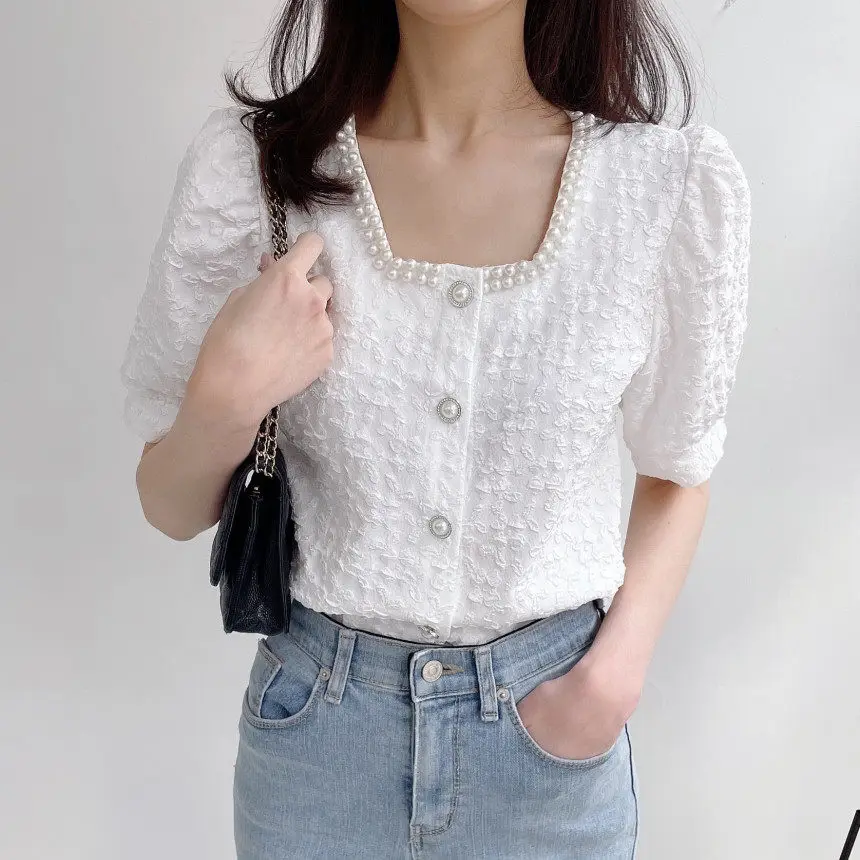 

2023 Blusas Mujer De Moda Sweet Puff Sleeve Heavy Beading Blouse Women Temperament Cropped Tops Fashion Vintage Korean Shirts
