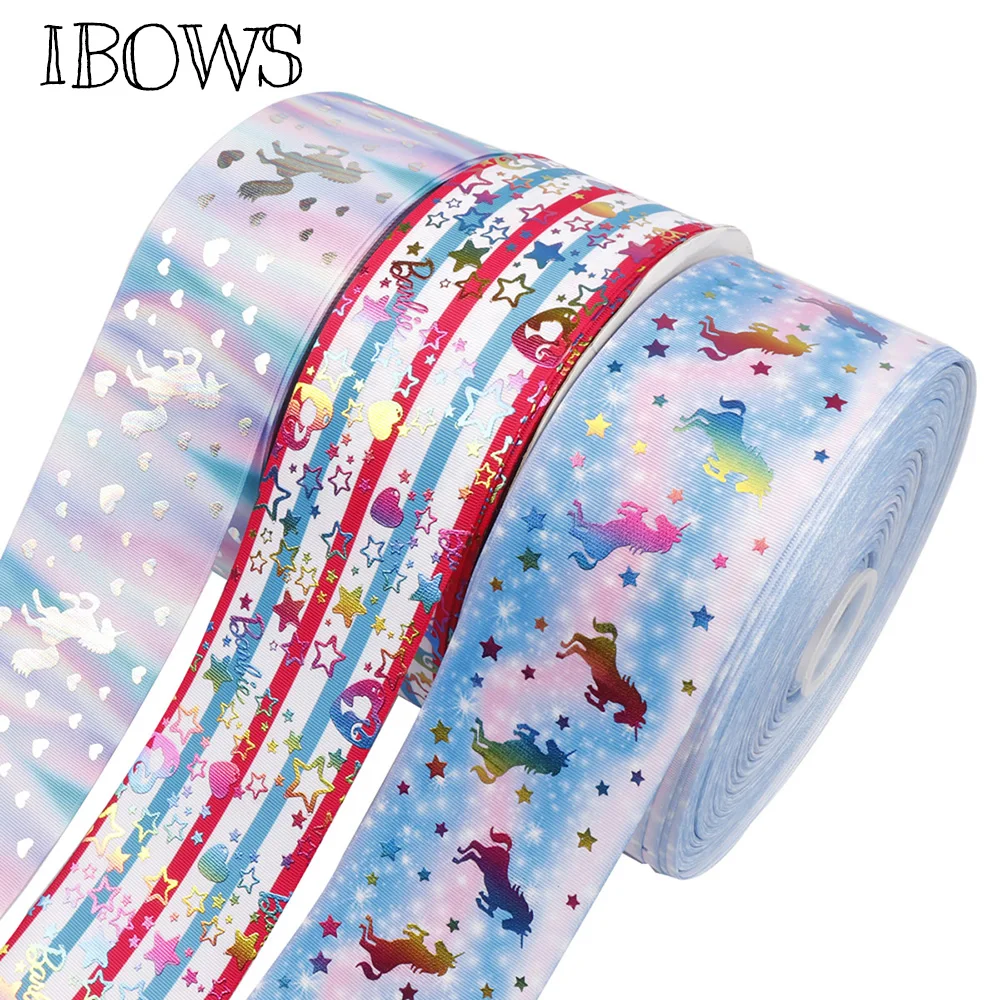 

IBOWS 2yards 75mm Grosgrain Ribbon Rainbow Unicorn Foil Printed Ribbon For DIY Hair Bows Accessories Decorative Carfts 3" Tape
