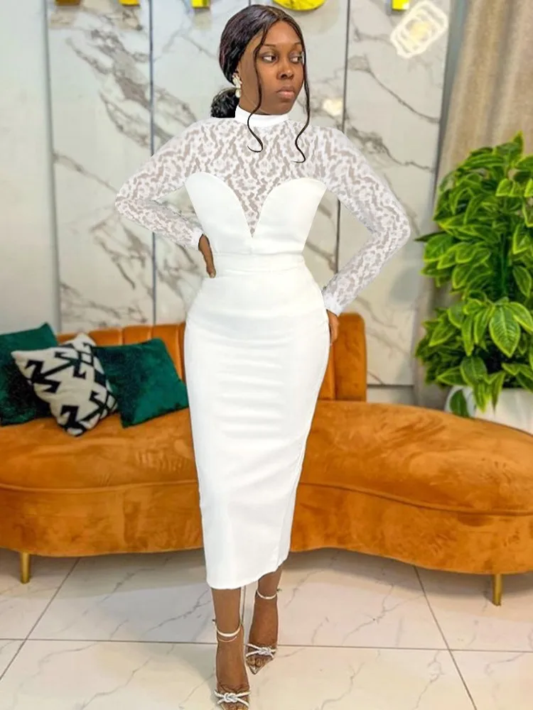 

Dashiki African Classy White Bodycon Dress See Though Lace Deep V Long Sleeve Midi Robes Formal Party Evening Wedding Event Wear