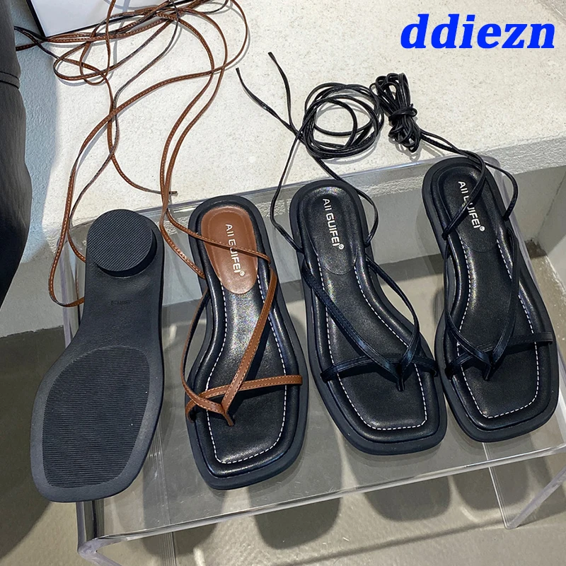 

Сандалии женские с перекрестной шнуровкой, уличные туфли на плоской подошве, квадратный носок, роскошные шлепанцы, лето, 2023