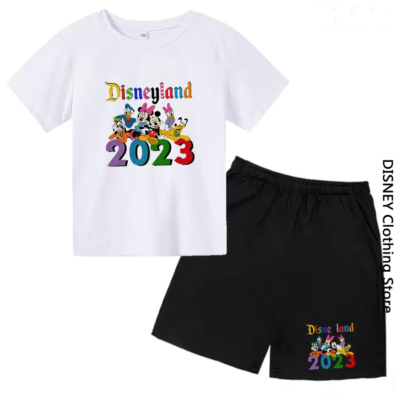 T-shirt Set Cute Disney Cartoon Mickey Mouse Family Fashion Girl Shirt Summer Children Boy Baby Harajuku Cotton Shorts Clothes