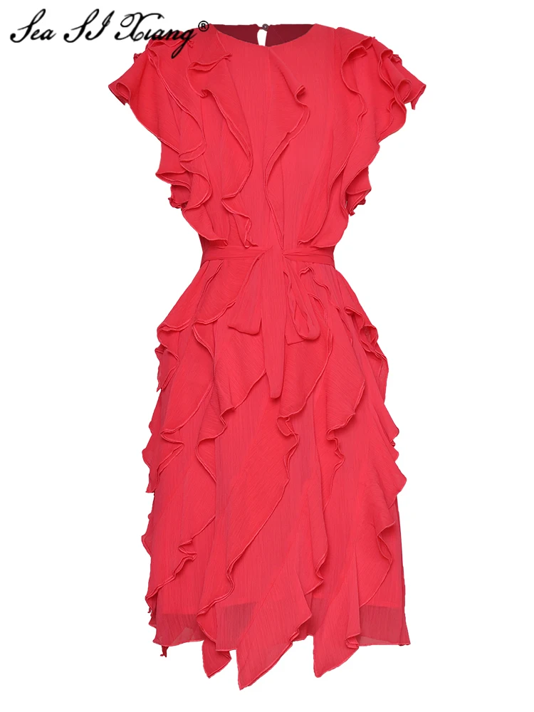

Seasixiang Fashion Designer Spring Summer Women Short Dress O-Neck Butterfly Sleeve Ruffles Lace Up Vacation Loose Dresses