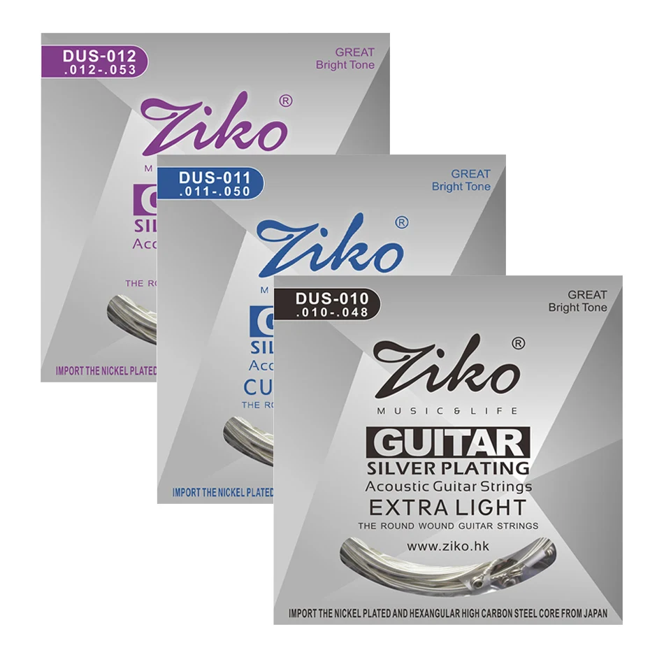 

ZIKO DUS Series Acoustic Guitar Strings 010-048 011-052 012-053 Inch Hexagon Carbon Steel Core Silver Plating Wound BUY 3 GET 1