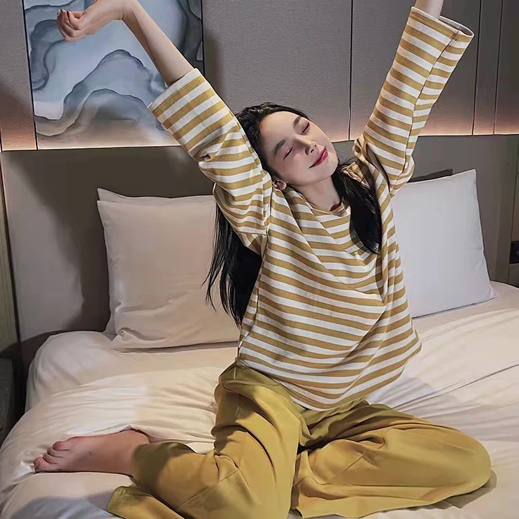 CAIYIER Sweet Stripe Girl Nightwear O-Neck Long Sleeve Trousers Sleepwear For Women Autumn Winter Kawaii Soft Korean Pajamas Set