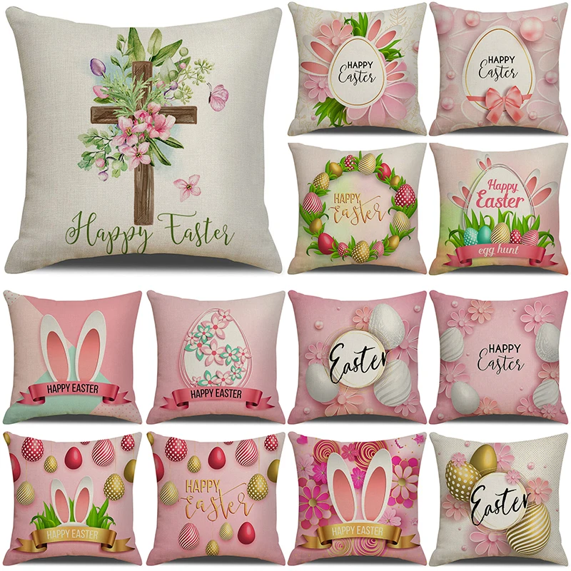 

Spring Easter Home Decor Cushion Cover Easter Eggs Flowers Bunny Rabbit Linen Pillow Case Kids Gifts Party Sofa Home Decor 40310