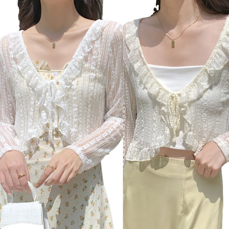 

MXMB Fashion Lace Mesh Cardigans for Women Stylish Ruffles Crop Tops Lady Retro Sun Protection Blouses Shawl Summer Thin Coat