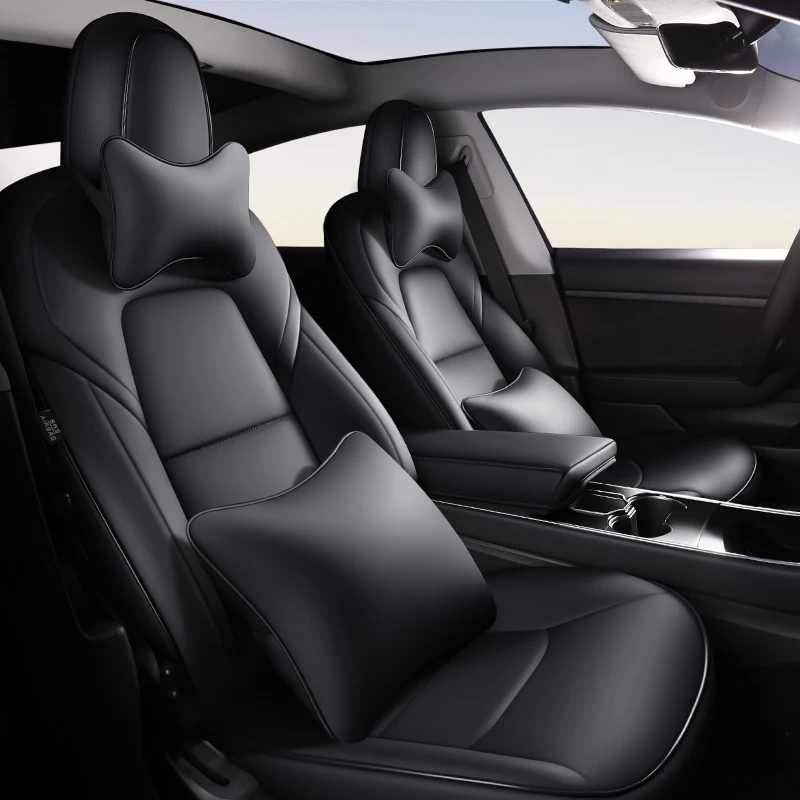 

Роскошные чехлы на сиденья автомобиля Tesla Model 3 2017 - 2021 полный комплект из водонепроницаемой искусственной кожи, автомобильная защита, внутре...
