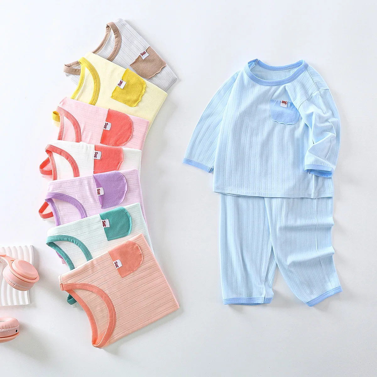 

Summer children cotton boy girl long-sleeved T-shirt+pants clothing set candy color thin style home clothes