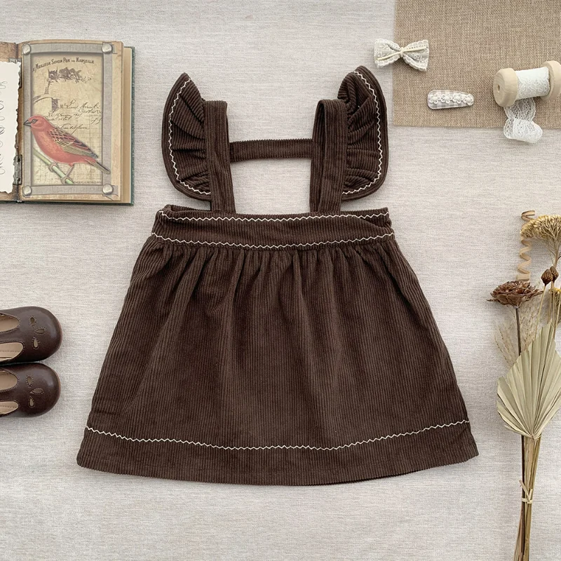 

Spring and Autumn Brown Strap Dress for Baby Girls Solid Pit Corduroy Sling Lotus Leaf Half Dress 1-7Y Kids Dresses