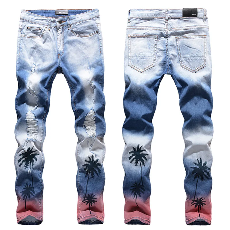 Men Luxury Slim-fit Stretch Blue Brand Mens Jeans Coconut palm Print Hip-hop Street Fashion Hole Ripped Pants Bike Size 28-42