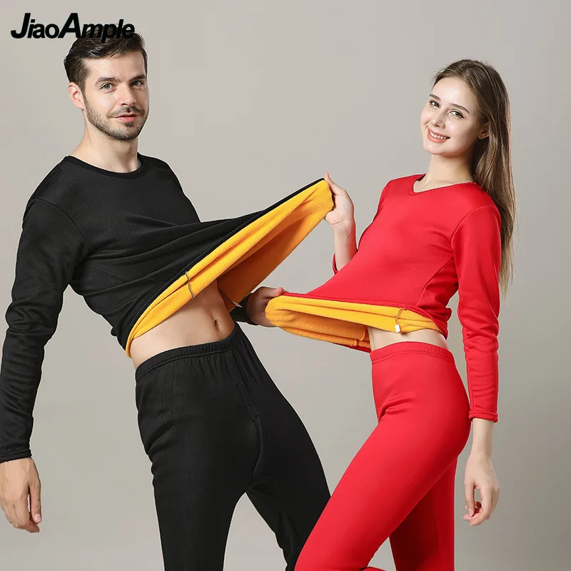 

Men's Women's Winter Warm Velvet Thick Underwear Set Daily Joker Solid O-Neck Thermal Tops Pants Outfits Cold Proof Clothing