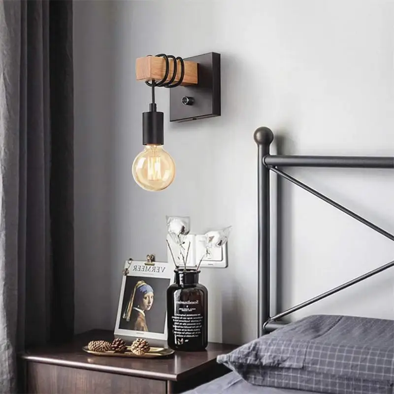 

Retro Wall Lamp Iron Wood Vintage Sconce E27 Indoor Home Dining Room Bedroom Decoration Bedside Lamp Lighting Furniture