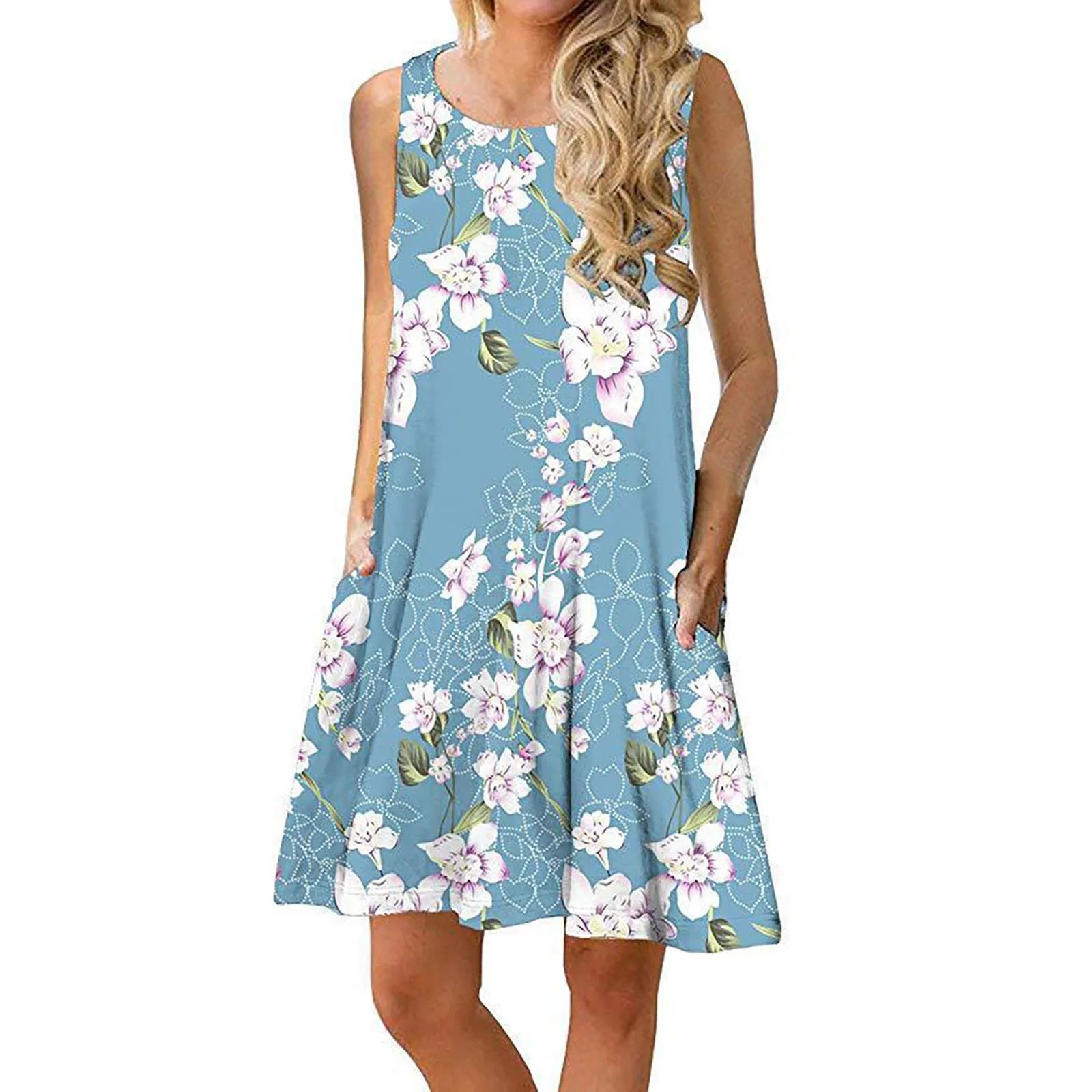 

Summer Dresses For Women Beach Floral Tshirt Sundress Sleeveless Pockets Casual Loose Tank Leopard Cocktail Dresses for Women