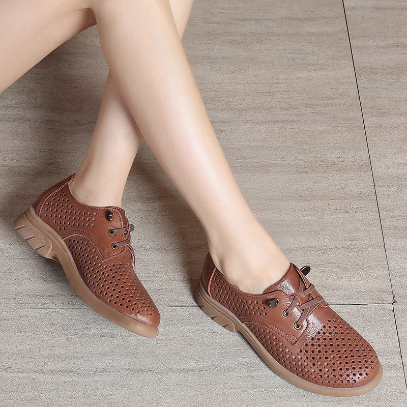 Large Size women's Casual Breathable Hollow Single Shoes 2023 Spring and Summer Small Leather Shoes Retro Sandals Soft Cowhide