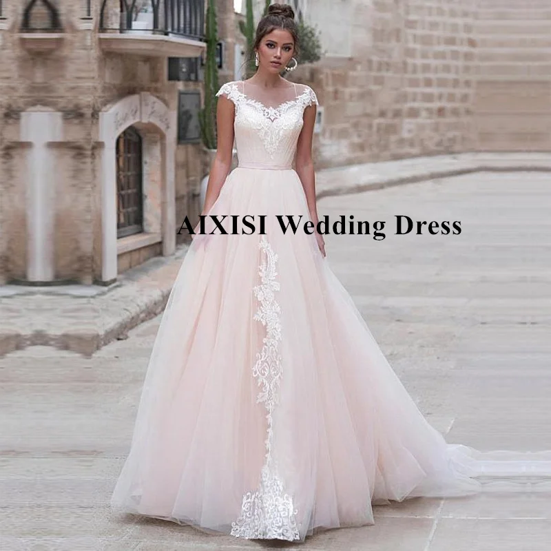 

AIXISI Short Sleeve A-Line Wedding Dresses Appliques Lace Belt Illusion Vestidos De Novia O Neck Woman Button Robe de mariee