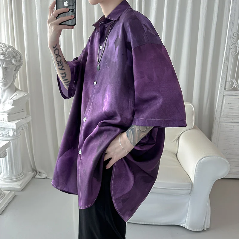 

Summer Short Sleeved Shirt Men Fashion Oversized Ice Silk Shirt Men Streetwear Loose Tie Dyed Shirts Mens Hawaiian Shirt M-2XL