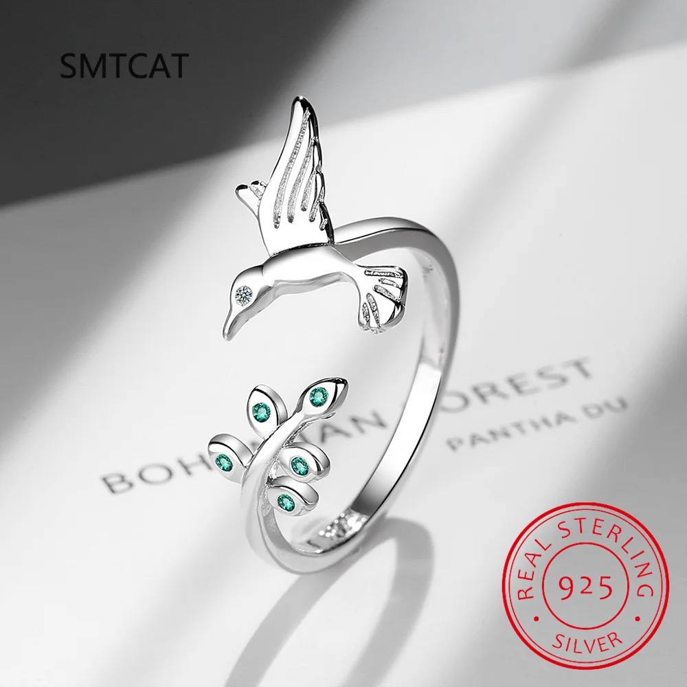 

SMTCAT 925 Sterling Silver New Women's Fine Jewelry High Quality Crystal Zircon Leaf Bird Simple Opening Adjustable Ring