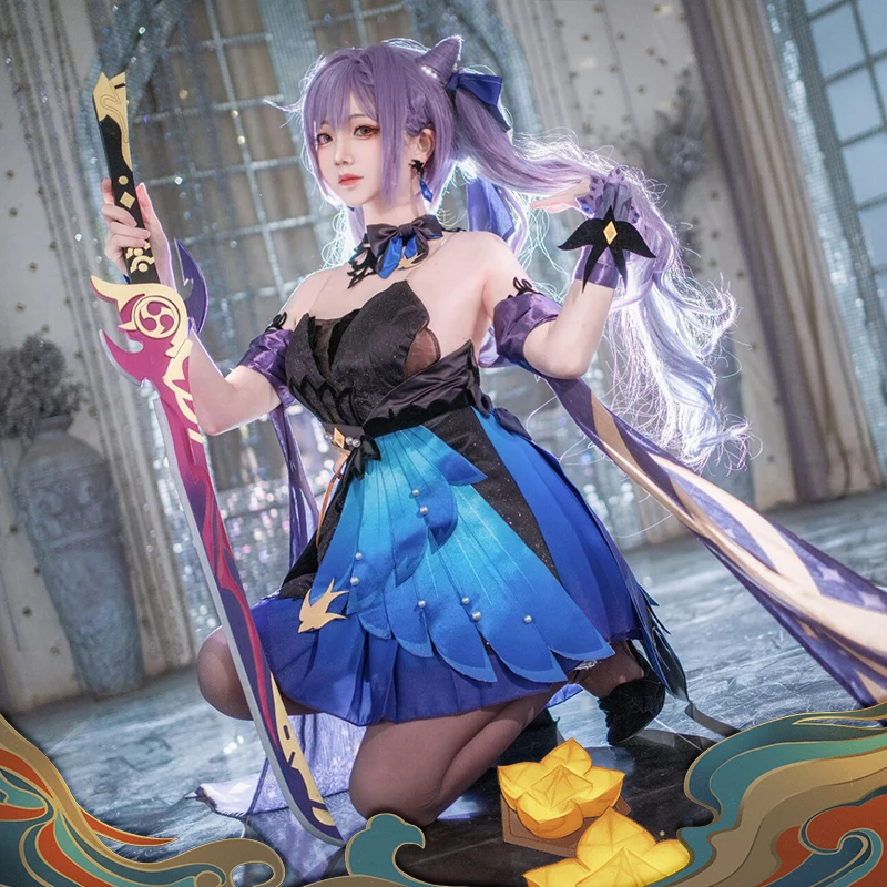 

[In Stock] Genshin Impact Keqing Cosplay Costume Fashion Dress Activity Party Role-playing Clothing Sizes S-XL New Style