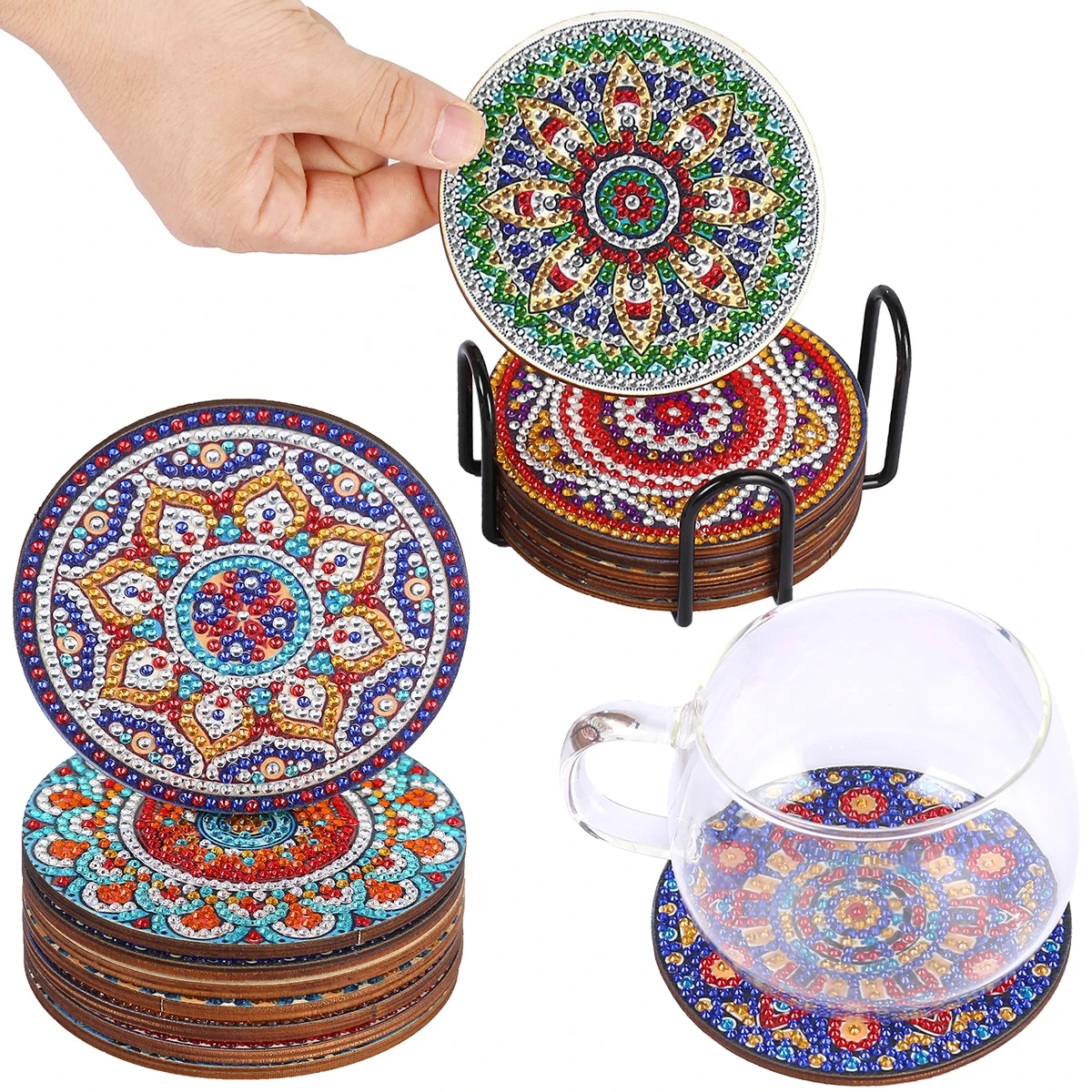 

8Pcs DIY Diamond Painting Coasters Kit Rhinestone Coasters Reusable Diamond Drawing Cup Mat Colorful Crystal Kitchen Decor