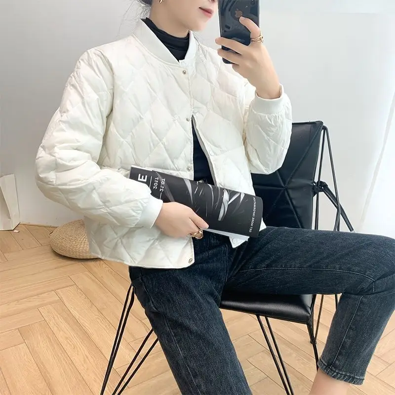 Women's Light Cotton Clothes Short Light Feather Leisure Loose Baseball Jacket Rhombus Pattern Thin Autumn Winter New Coat