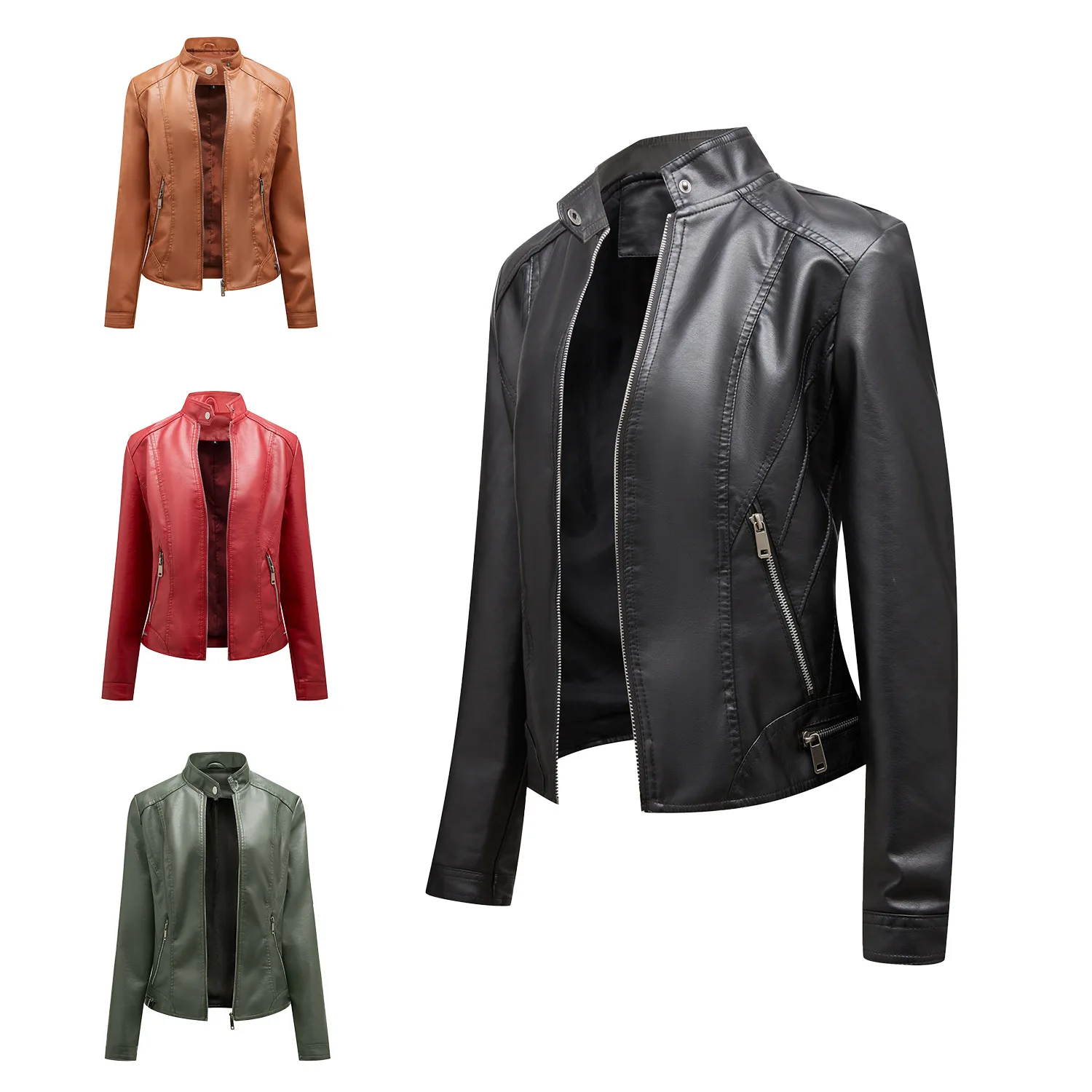 2022 Women Simple Casual Leather Jacket Stand Collar Zipper Slim Motorcycle Suit Short Jacket Faux Fur Coat