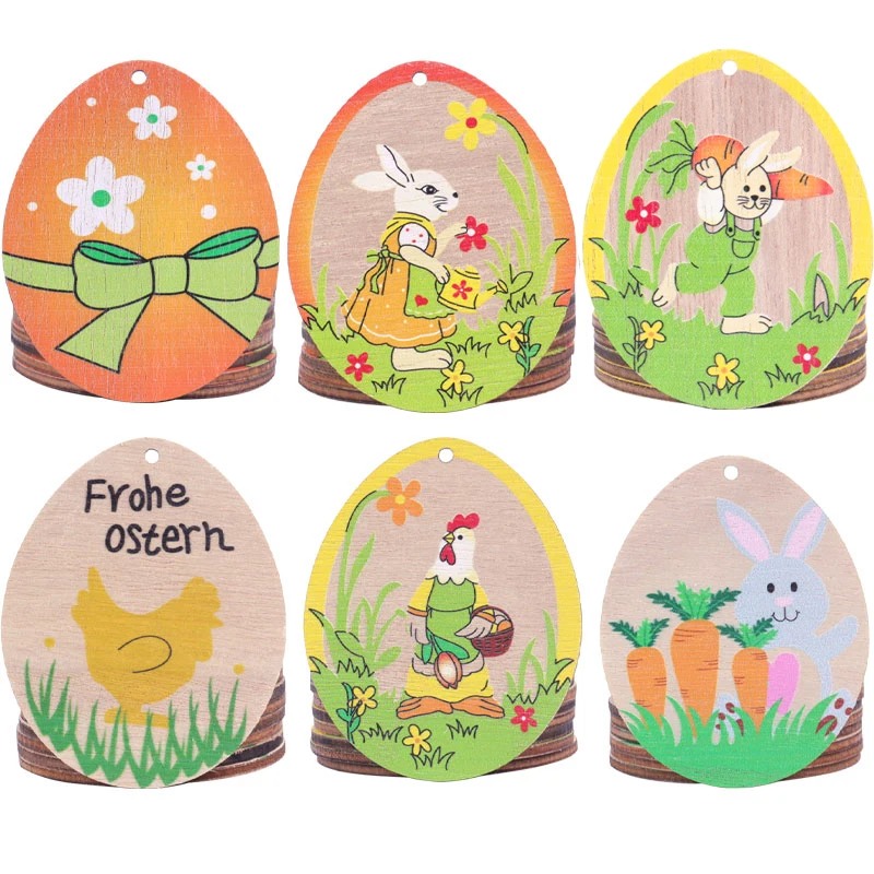 

10pcs Wooden Easter Eggs Hanging Ornament DIY Painted Pendant Rabbit Chick Flower Wood Slices Happy Easter Party Home Decor