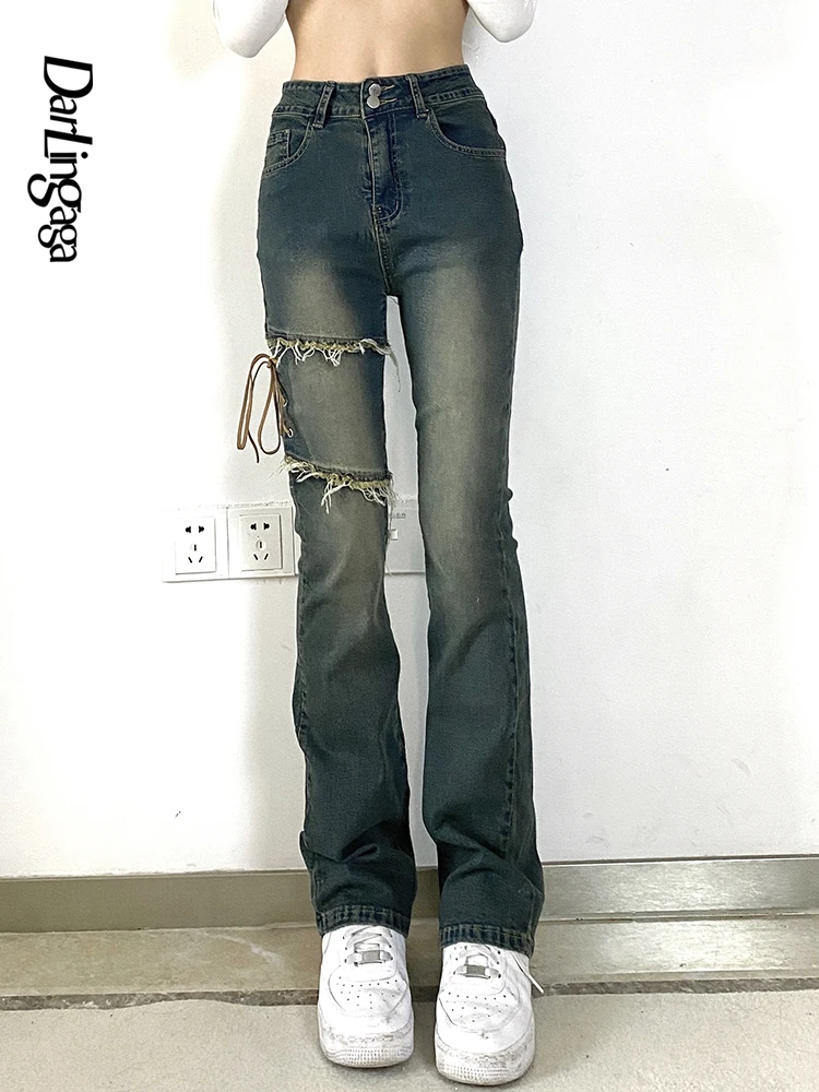 

Darlingaga Y2K Vintage Lace Up Tassel Skinny High Waist Women's Jeans Korean 2000s Aesthetic Denim Pants Burr Slim Full Length