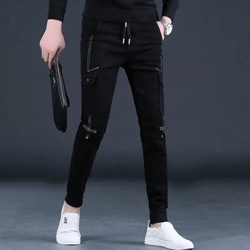 Autumn Men Cargo Pants Jeans Fashion Streetwear Black Elastic Waist Drawstring Denim Trousers